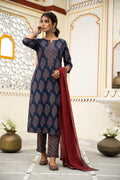 Navy Blue Hand Block Ajrakh Printed Cotton Suit with Maroon Kota Doria Dupatta- Set of 3 Bada Boota