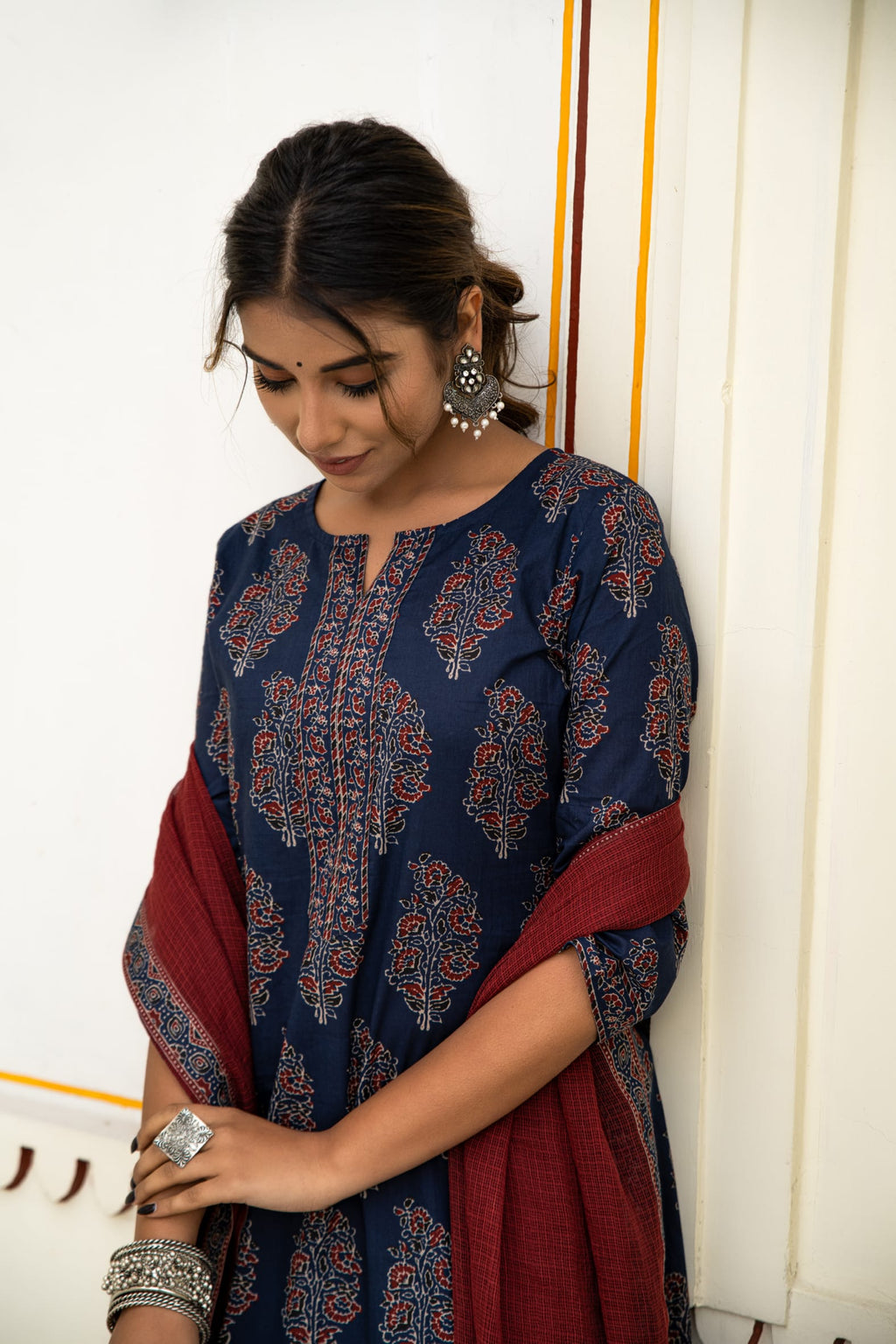 Navy Blue Hand Block Ajrakh Printed Cotton Suit with Maroon Kota Doria Dupatta- Set of 3 Bada Boota