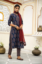 Navy Blue Hand Block Ajrakh Printed Cotton Suit with Maroon Kota Doria Dupatta- Set of 3 Bada Boota