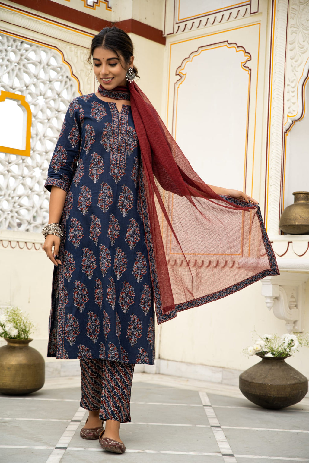 Navy Blue Hand Block Ajrakh Printed Cotton Suit with Maroon Kota Doria Dupatta- Set of 3 Bada Boota