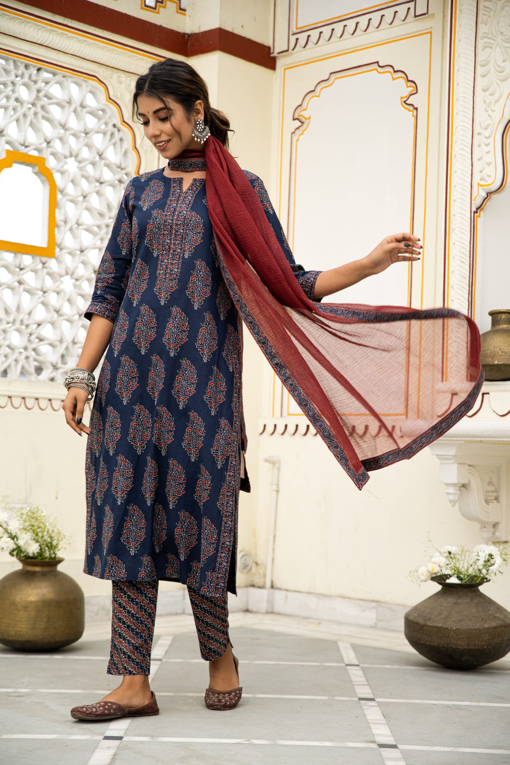 Navy Blue Hand Block Ajrakh Printed Cotton Suit with Maroon Kota Doria Dupatta- Set of 3 Bada Boota