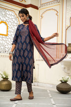 Navy Blue Hand Block Ajrakh Printed Cotton Suit with Maroon Kota Doria Dupatta- Set of 3 Bada Boota