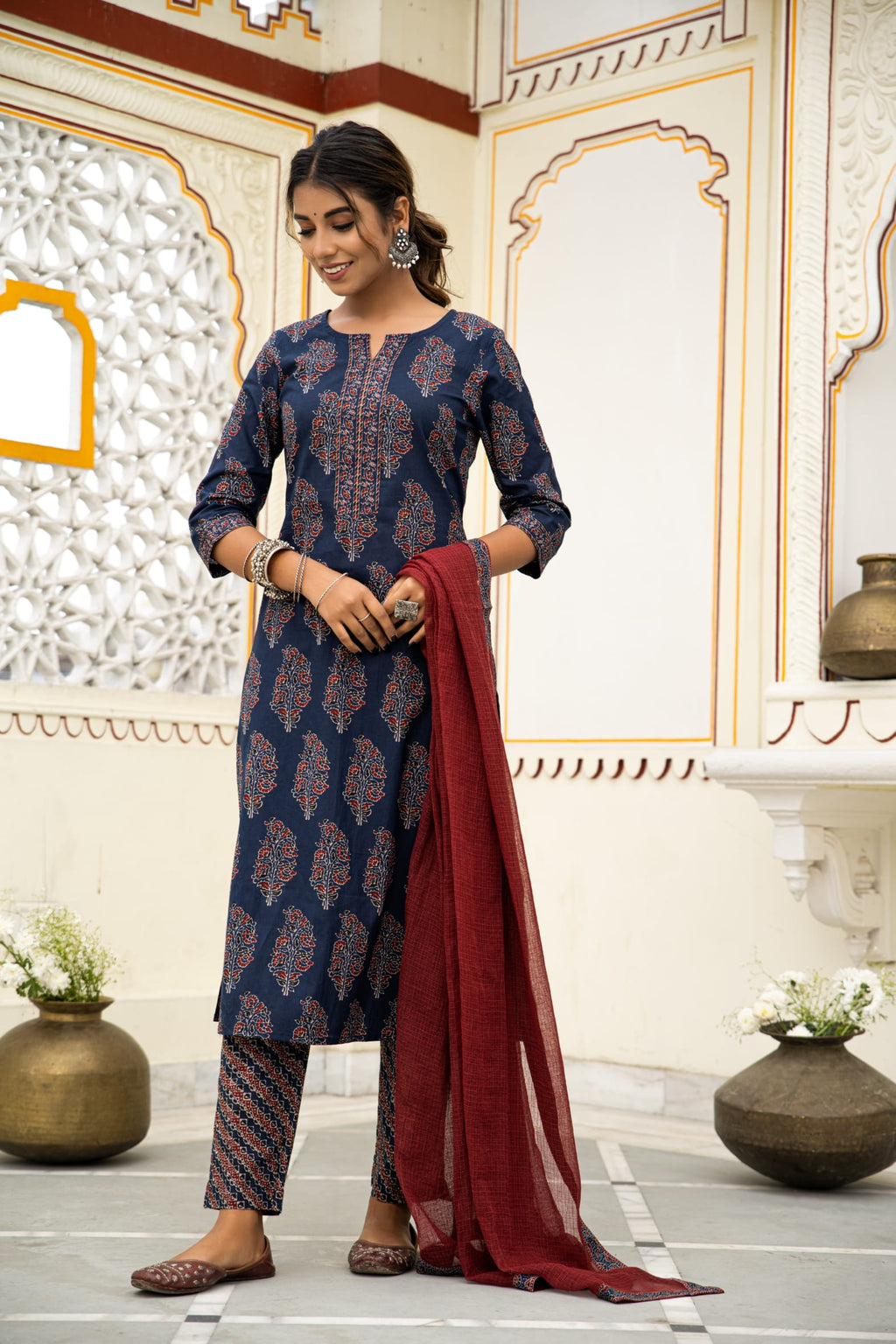 Navy Blue Hand Block Ajrakh Printed Cotton Suit with Maroon Kota Doria Dupatta- Set of 3 Bada Boota