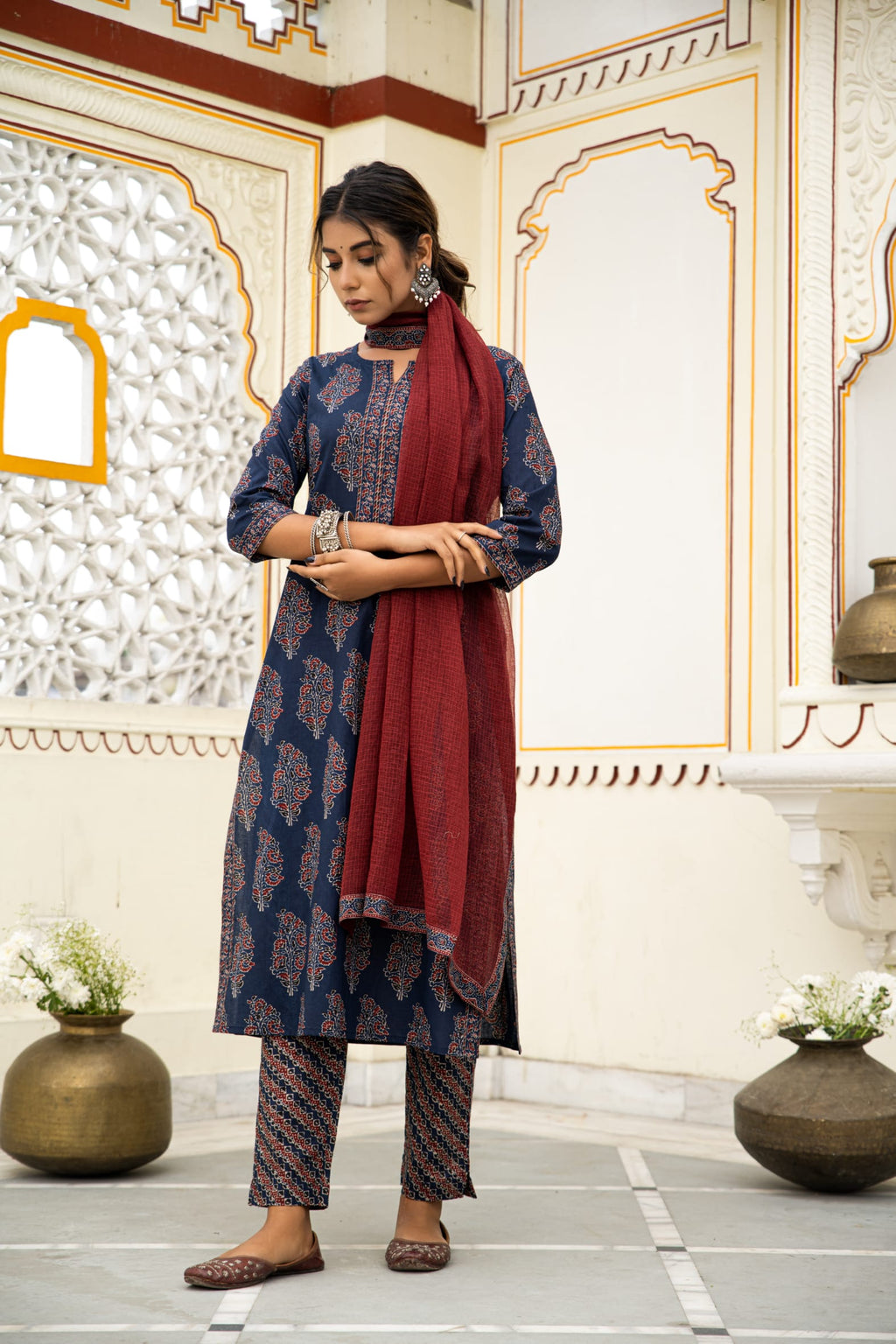 Navy Blue Hand Block Ajrakh Printed Cotton Suit with Maroon Kota Doria Dupatta- Set of 3 Bada Boota