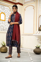 Navy Blue Hand Block Ajrakh Printed Cotton Suit with Maroon Kota Doria Dupatta- Set of 3 Bada Boota