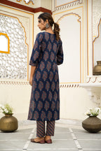 Navy Blue Hand Block Ajrakh Printed Cotton Suit with Maroon Kota Doria Dupatta- Set of 3 Bada Boota