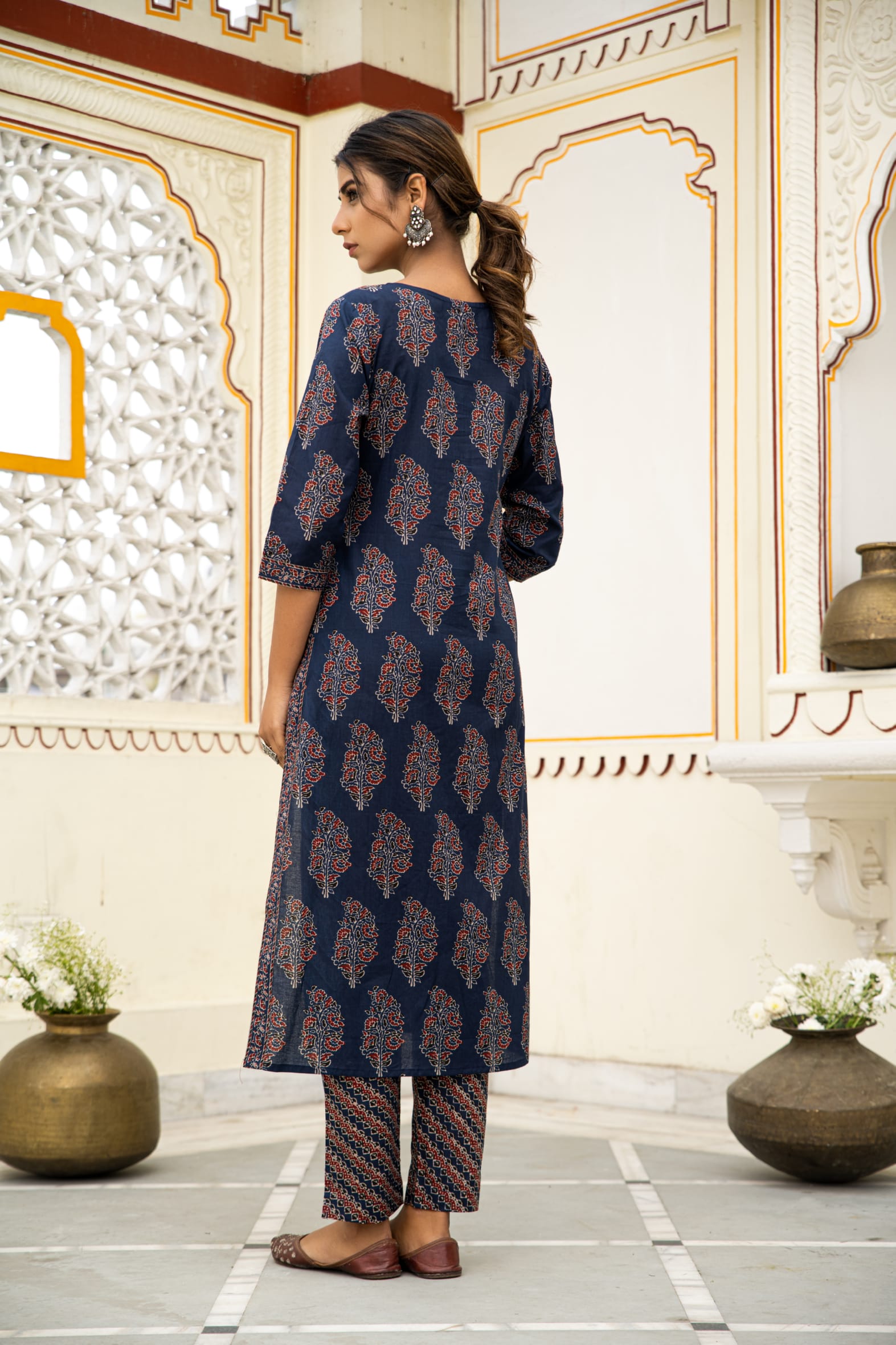 Navy Blue Hand Block Ajrakh Printed Cotton Suit with Maroon Kota Doria Dupatta- Set of 3 Bada Boota