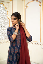 Navy Blue Hand Block Ajrakh Printed Cotton Suit with Maroon Kota Doria Dupatta- Set of 3 Bada Boota