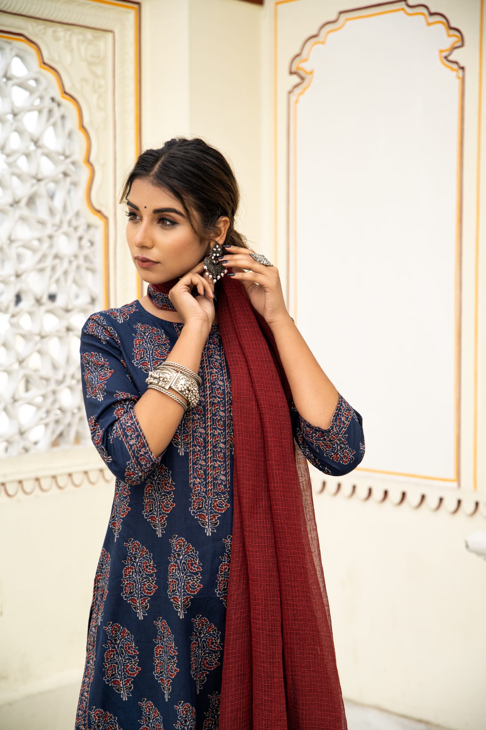 Navy Blue Hand Block Ajrakh Printed Cotton Suit with Maroon Kota Doria Dupatta- Set of 3 Bada Boota