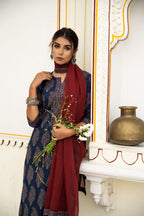 Navy Blue Hand Block Ajrakh Printed Cotton Suit with Maroon Kota Doria Dupatta- Set of 3 Bada Boota