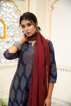 Navy Blue Hand Block Ajrakh Printed Cotton Suit with Maroon Kota Doria Dupatta- Set of 3 Bada Boota