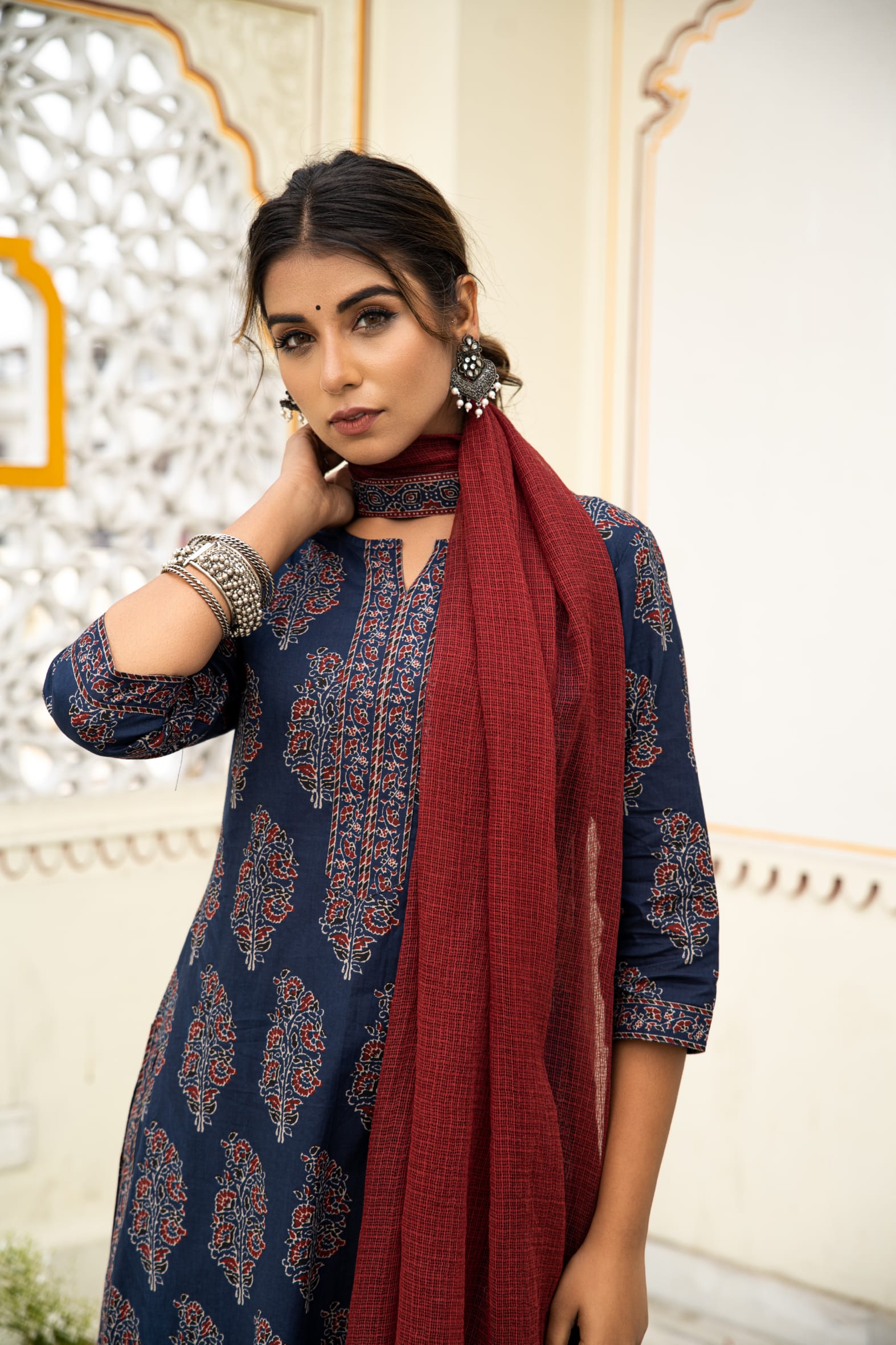 Navy Blue Hand Block Ajrakh Printed Cotton Suit with Maroon Kota Doria Dupatta- Set of 3 Bada Boota