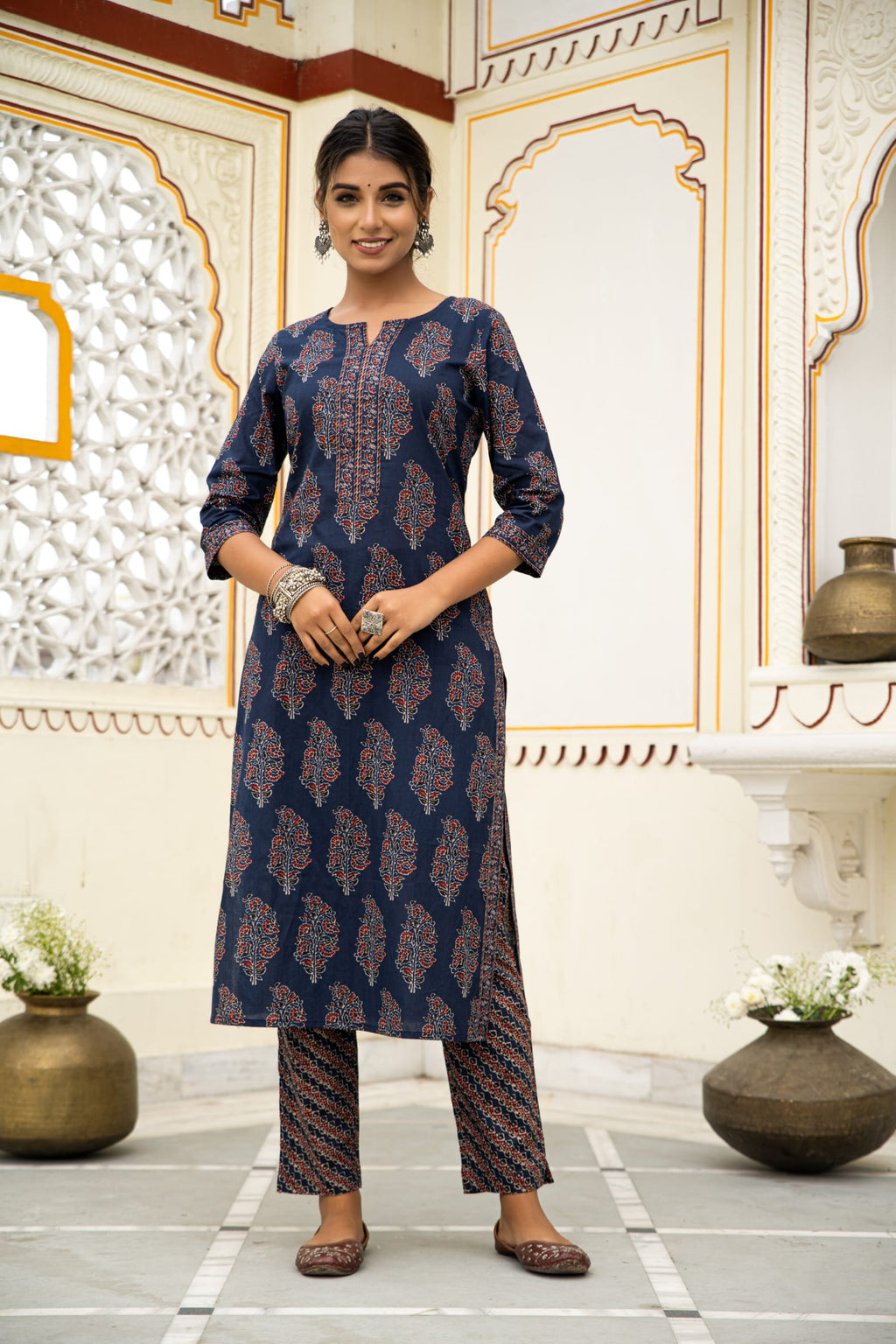 Navy Blue Hand Block Ajrakh Printed Cotton Suit with Maroon Kota Doria Dupatta- Set of 3 Bada Boota