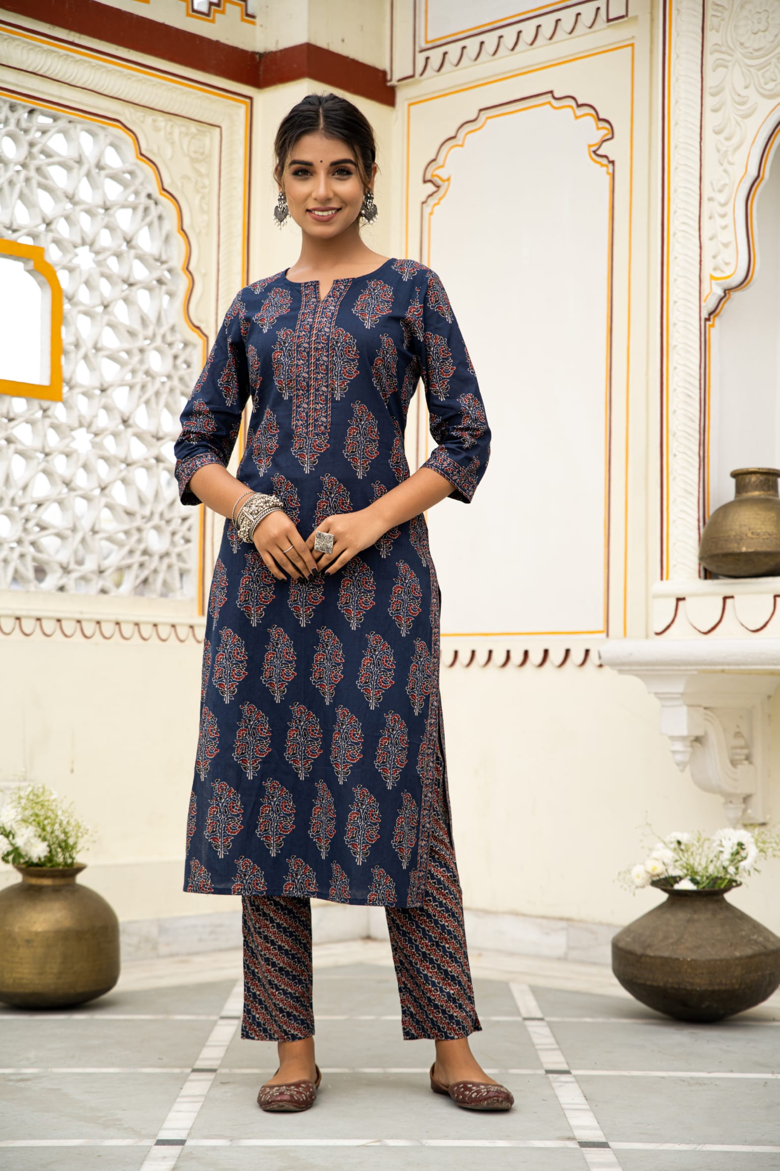 Navy Blue Hand Block Ajrakh Printed Cotton Suit with Maroon Kota Doria Dupatta- Set of 3 Bada Boota