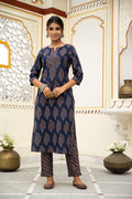 Navy Blue Hand Block Printed Cotton Kurta with Pants- Set of 2 Bada Boota