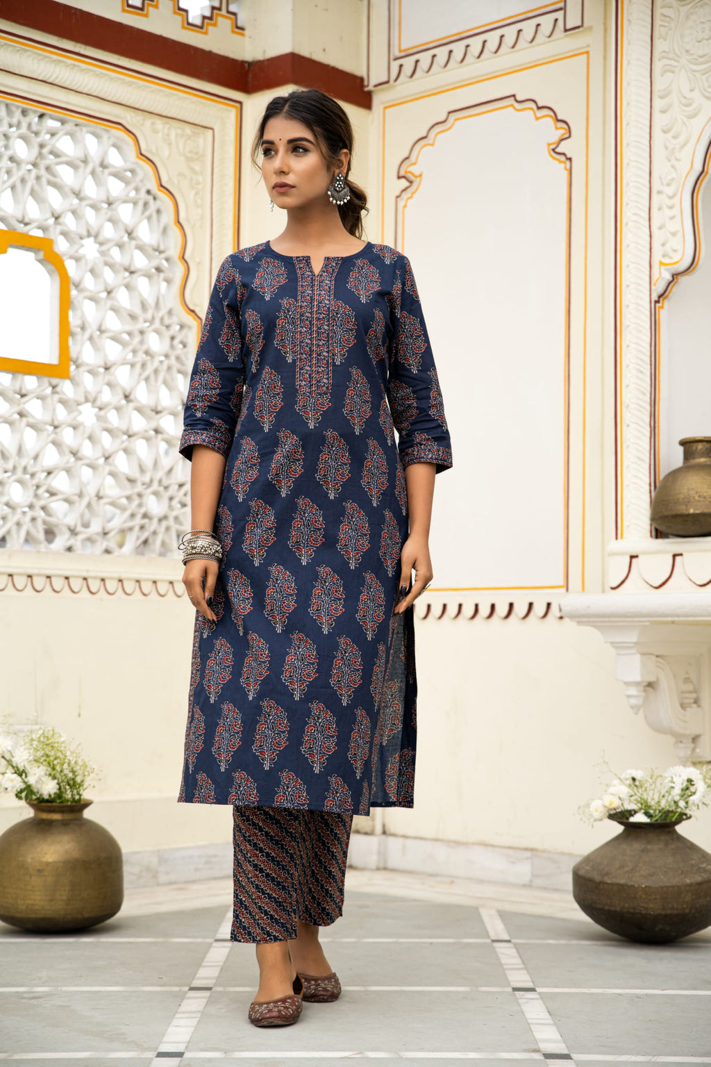Navy Blue Hand Block Ajrakh Printed Cotton Suit with Maroon Kota Doria Dupatta- Set of 3 Bada Boota