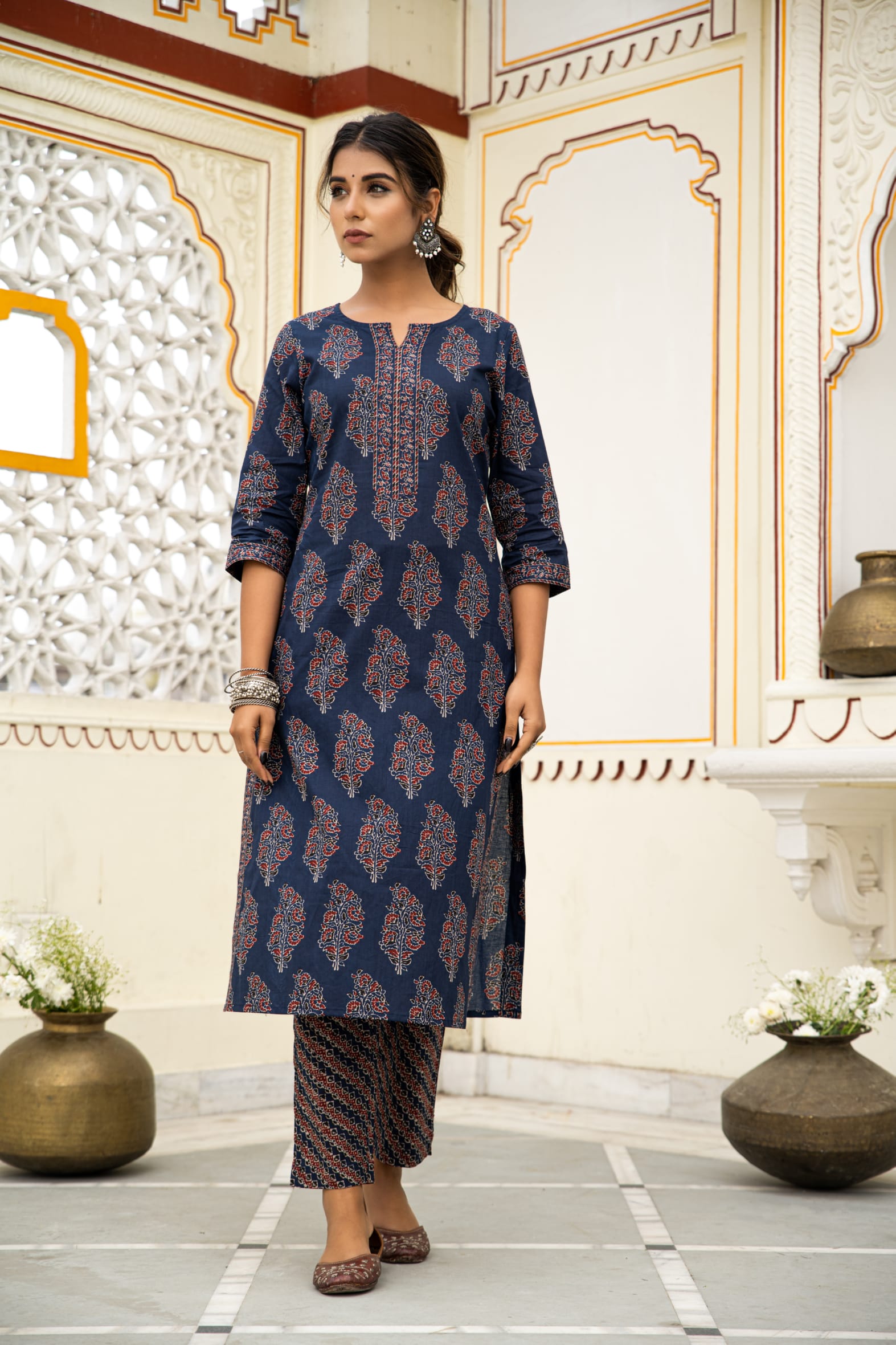 Navy Blue Hand Block Printed Cotton Kurta with Pants- Set of 2 Bada Boota