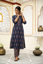 Navy Blue Hand Block Ajrakh Printed Cotton Suit with Maroon Kota Doria Dupatta- Set of 3 Bada Boota