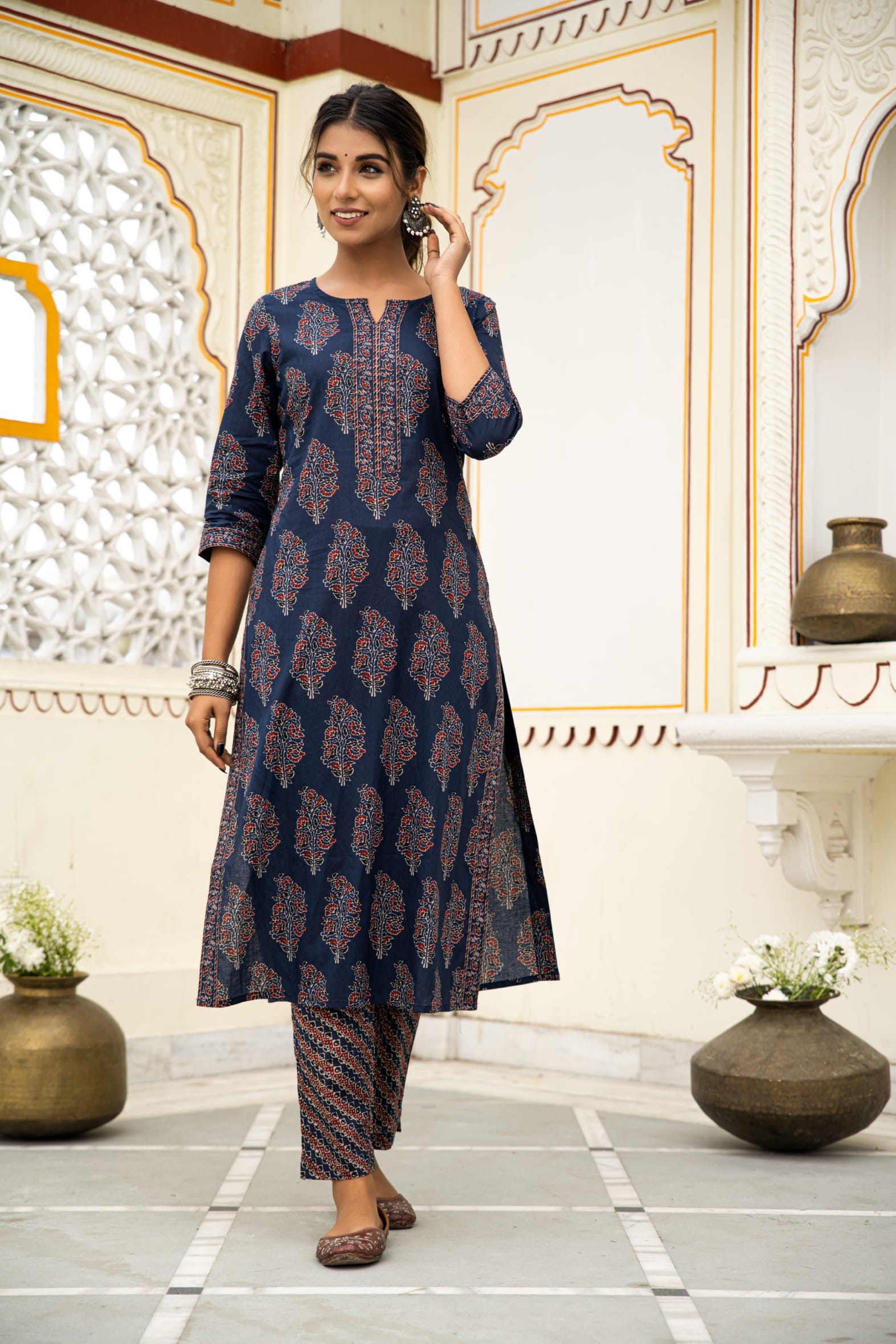 Navy Blue Hand Block Ajrakh Printed Cotton Suit with Maroon Kota Doria Dupatta- Set of 3 Bada Boota