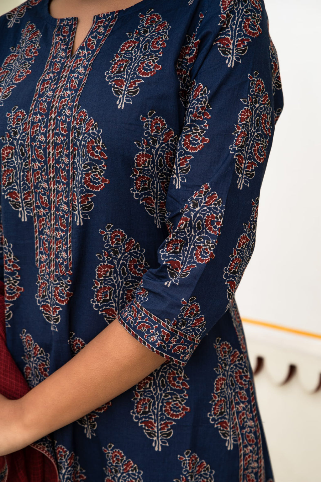 Navy Blue Hand Block Ajrakh Printed Cotton Suit with Maroon Kota Doria Dupatta- Set of 3 Bada Boota