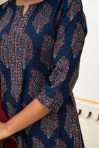 Navy Blue Hand Block Ajrakh Printed Cotton Suit with Maroon Kota Doria Dupatta- Set of 3 Bada Boota