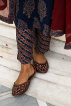 Navy Blue Hand Block Ajrakh Printed Cotton Suit with Maroon Kota Doria Dupatta- Set of 3 Bada Boota