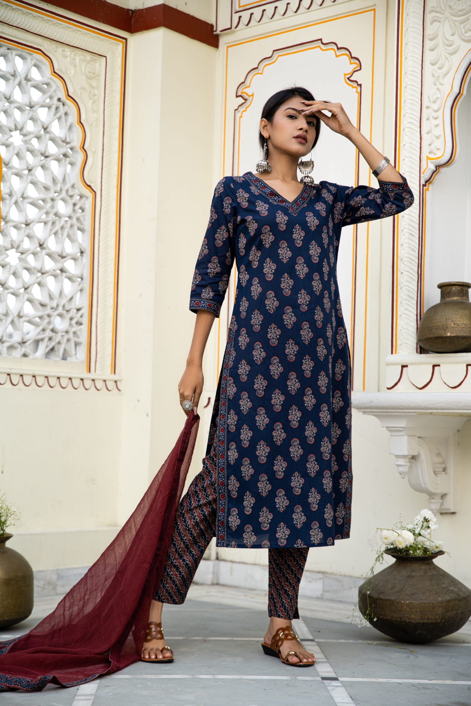Navy Blue Cotton Ajrakh Butta Block Printed Kurta Pant Set With Cotton Dupatta Bada Boota