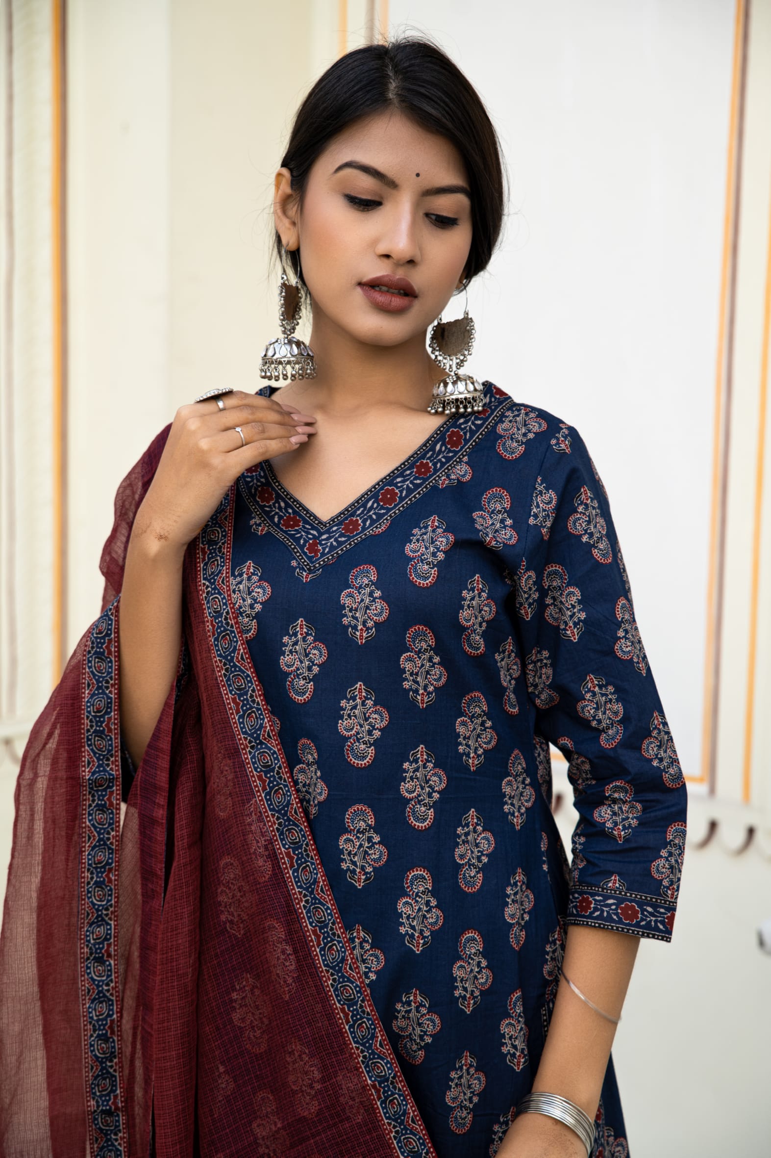 Navy Blue Cotton Ajrakh Butta Block Printed Kurta Pant Set With Cotton Dupatta Bada Boota