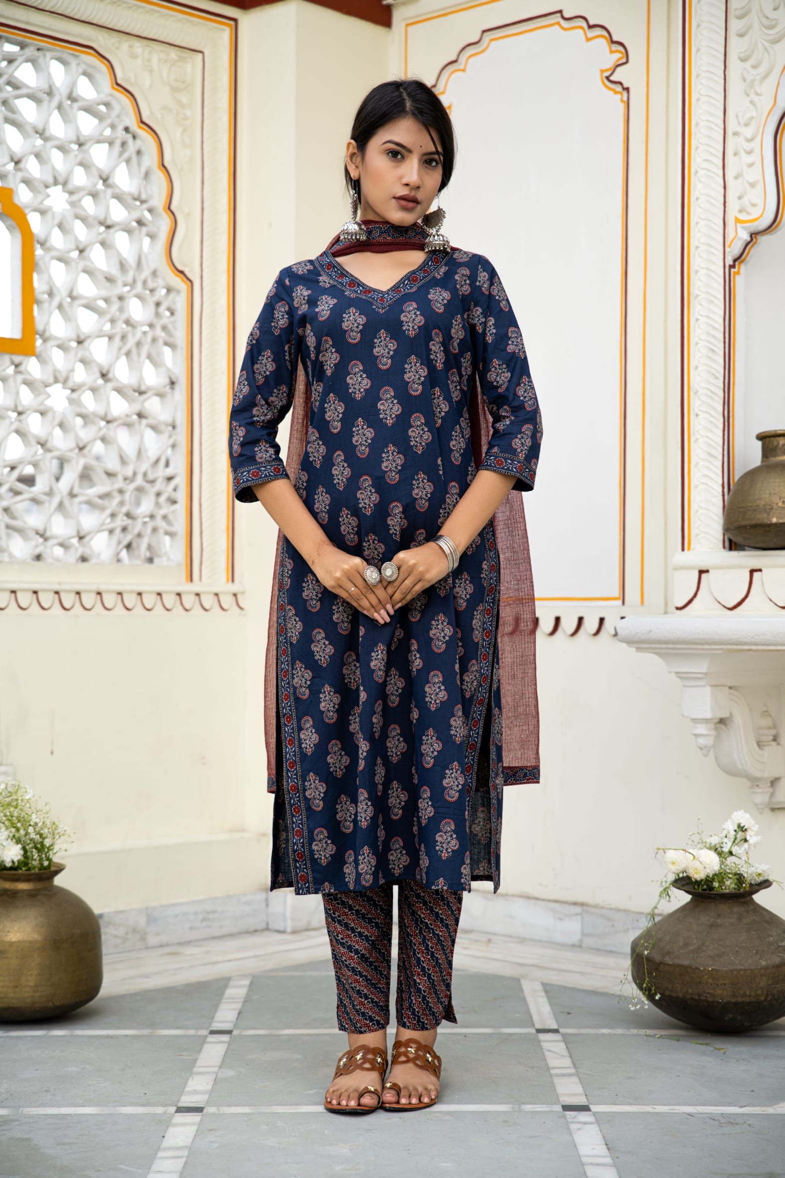 Navy Blue Cotton Ajrakh Butta Block Printed Kurta Pant Set With Cotton Dupatta Bada Boota