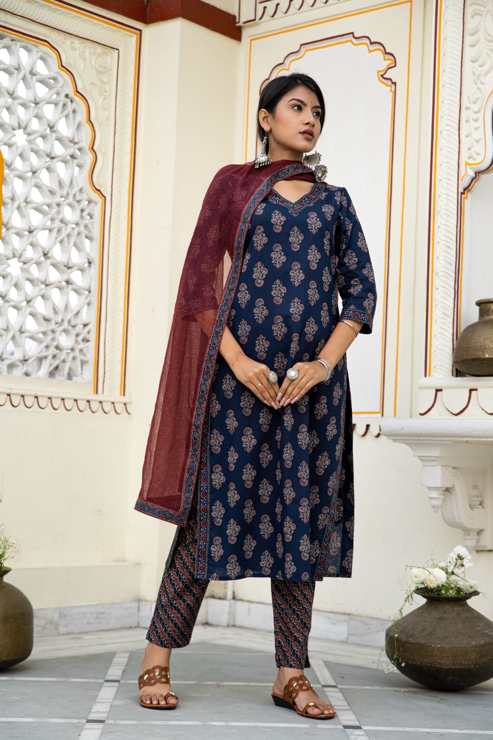 Navy Blue Cotton Ajrakh Butta Block Printed Kurta Pant Set With Cotton Dupatta Bada Boota