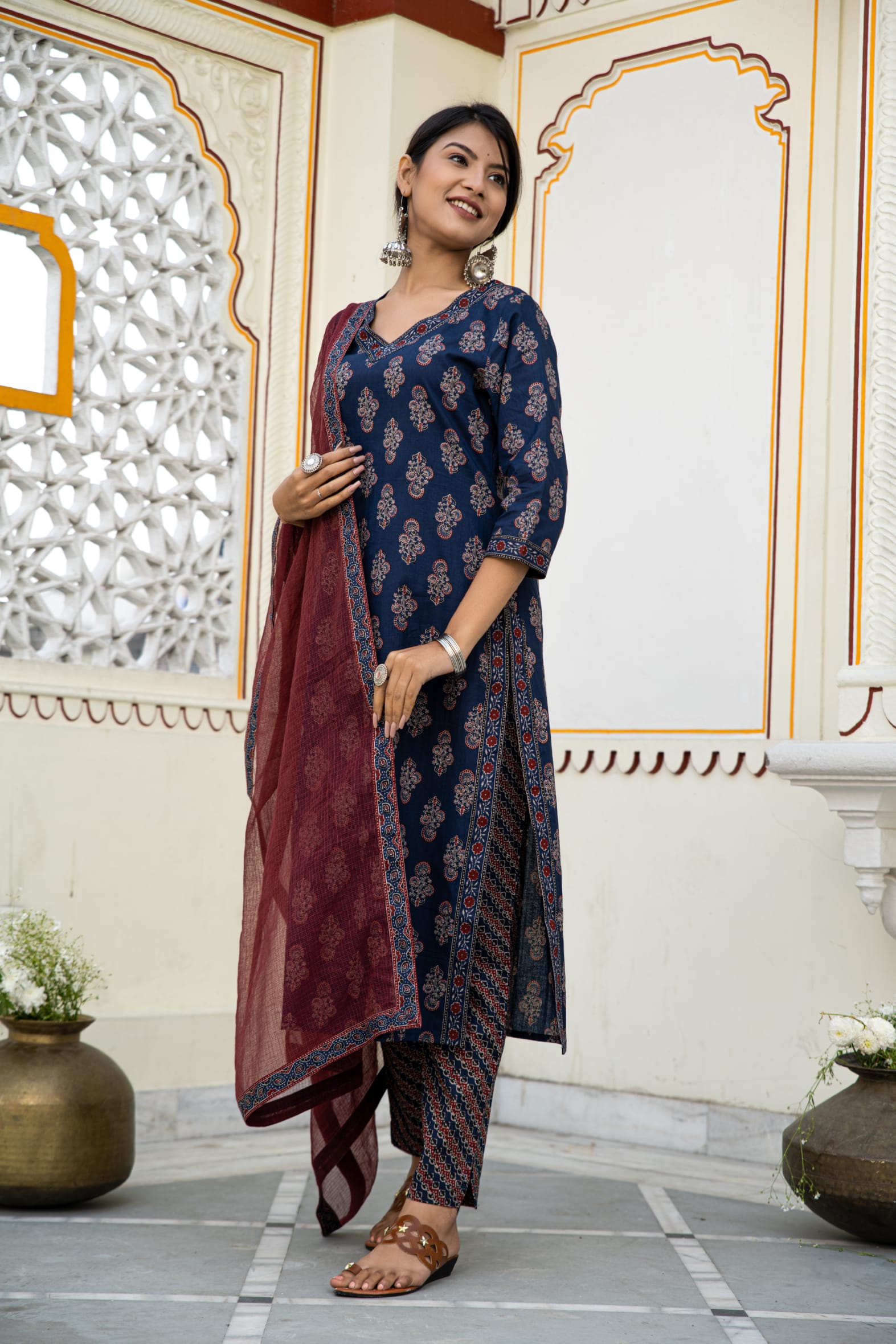 Navy Blue Cotton Ajrakh Butta Block Printed Kurta Pant Set With Cotton Dupatta Bada Boota