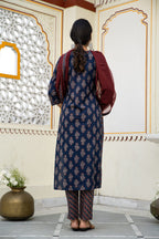 Navy Blue Cotton Ajrakh Butta Block Printed Kurta Pant Set With Cotton Dupatta Bada Boota