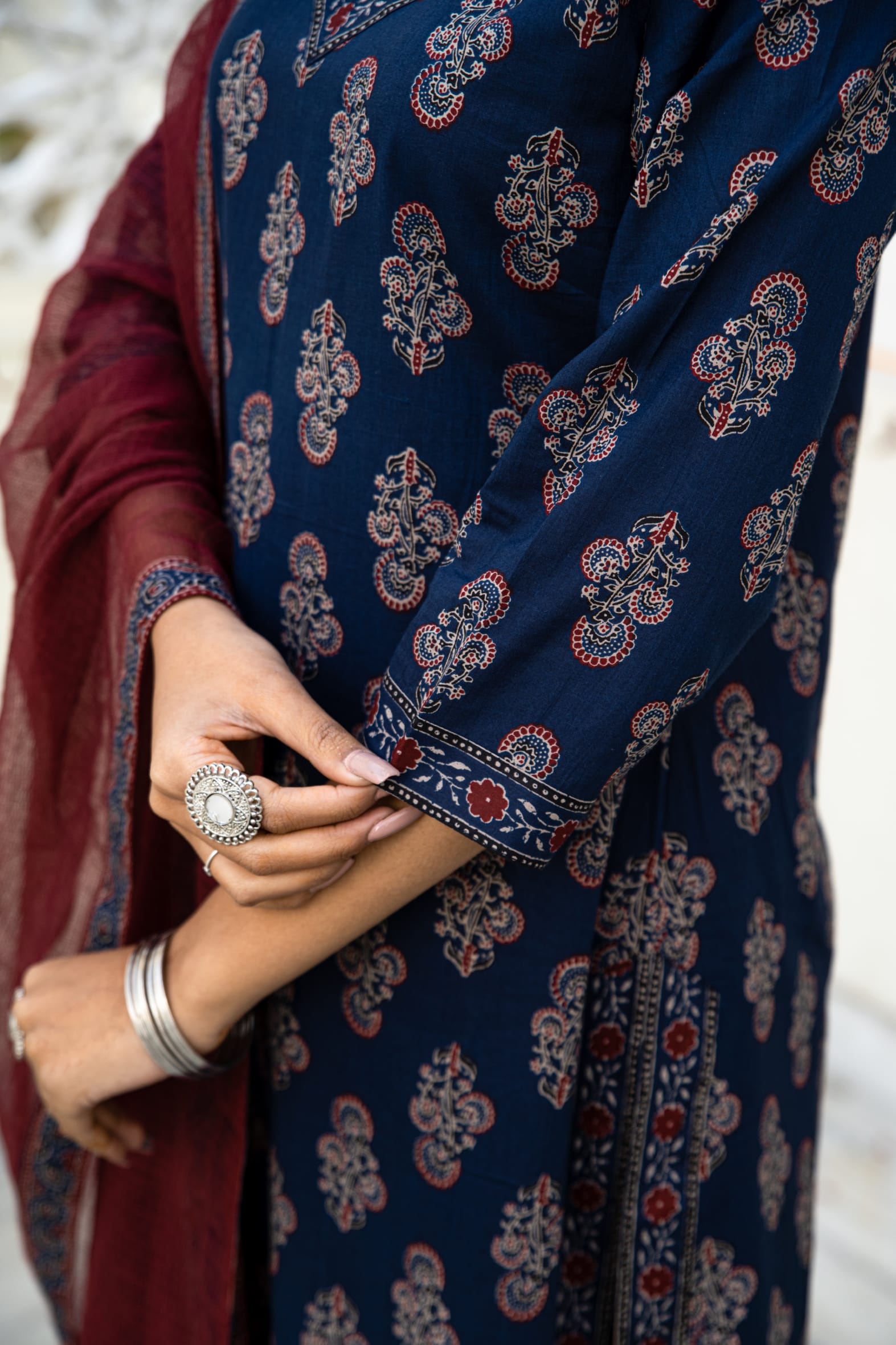 Navy Blue Cotton Ajrakh Butta Block Printed Kurta Pant Set With Cotton Dupatta Bada Boota