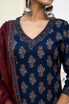 Navy Blue Cotton Ajrakh Butta Block Printed Kurta Pant Set With Cotton Dupatta Bada Boota