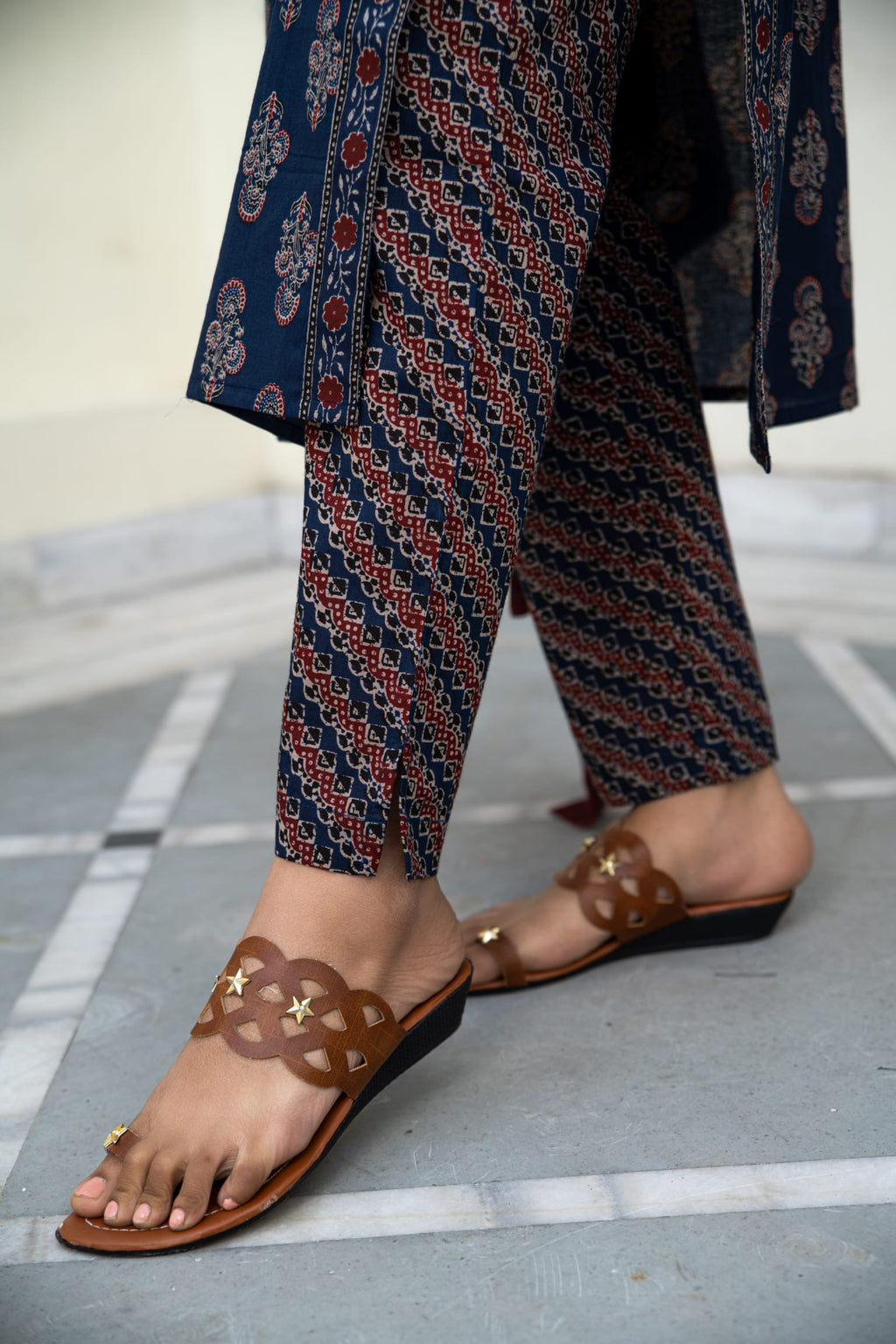 Navy Blue Cotton Ajrakh Butta Block Printed Kurta Pant Set With Cotton Dupatta Bada Boota