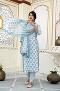 White Blue Printed Cotton Suit With Printed Dupatta- Set of 3 Bada Boota
