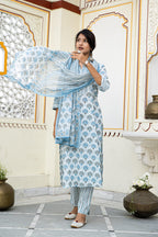 White Blue Printed Cotton Suit With Printed Dupatta- Set of 3 Bada Boota