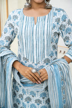White Blue Printed Cotton Suit With Printed Dupatta- Set of 3 Bada Boota