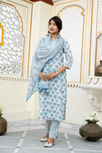 White Blue Printed Cotton Suit With Printed Dupatta- Set of 3 Bada Boota