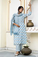 White Blue Printed Cotton Suit With Printed Dupatta- Set of 3 Bada Boota