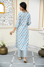 White Blue Printed Cotton Suit With Printed Dupatta- Set of 3 Bada Boota