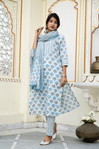 White Blue Printed Cotton Suit With Printed Dupatta- Set of 3 Bada Boota