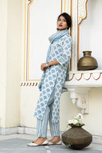 White Blue Printed Cotton Suit With Printed Dupatta- Set of 3 Bada Boota