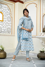White Blue Printed Cotton Suit With Printed Dupatta- Set of 3 Bada Boota
