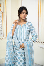 White Blue Printed Cotton Suit With Printed Dupatta- Set of 3 Bada Boota