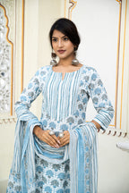 White Blue Printed Cotton Suit With Printed Dupatta- Set of 3 Bada Boota
