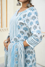White Blue Printed Cotton Suit With Printed Dupatta- Set of 3 Bada Boota