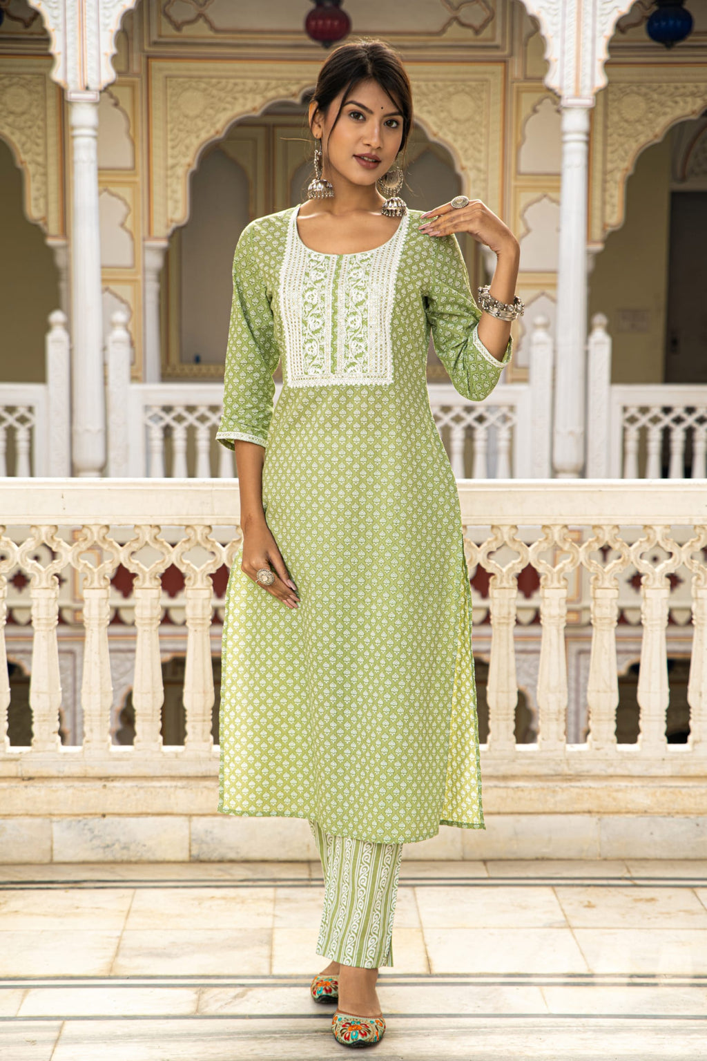 Green Cotton Butta Block Printed Kurta Pant Set - Set of 2 Bada Boota