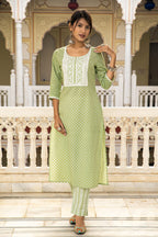 Green Cotton Butta Block Printed Kurta Pant Set - Set of 2 Bada Boota