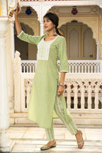 Green Cotton Butta Block Printed Kurta Pant Set - Set of 2 Bada Boota